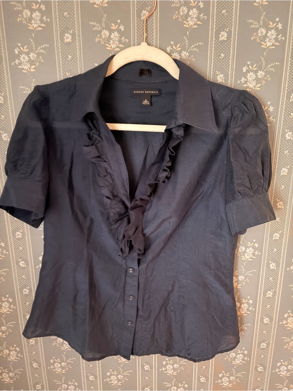 Banana Republic Dark Navy Ruffle V-Neck Short Sleeve Blouse